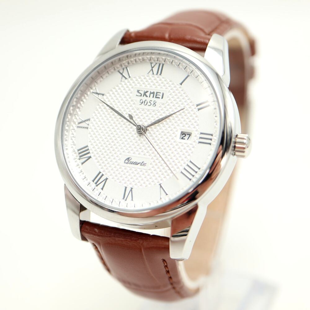 SKMEI Men's Silver Tone 40mm Dress Date Watch Brown Leather with New Battery